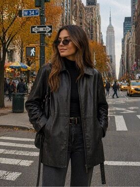 Worthington Black Genuine Leather Zip Jacket with Side Belt Accents